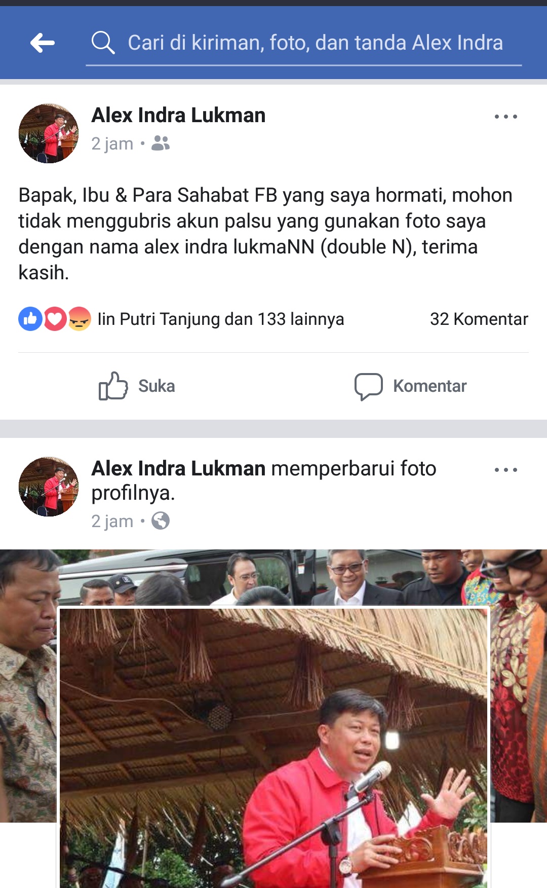 Anggota DPR RI Alex Indra Lukman memosting pada akunnya untuk tidak menggubris akun ganda.