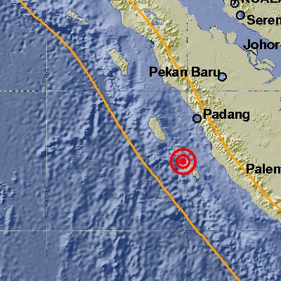 Pusat Gempabumi tektonik yang baru-baru ini terjadi di Kepulauan Mentawai, Sumatera Barat, Senin (18/6/2018).