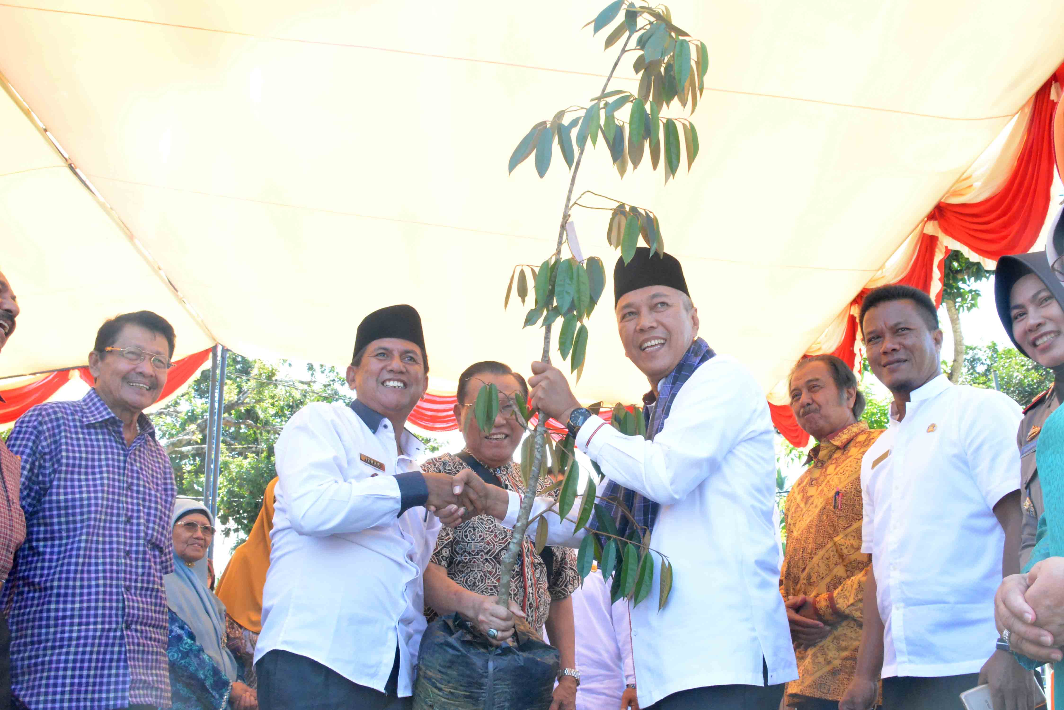 Bupati Tanah Datar, Irdinansyah Tarmizi menerima bantuan 400 batang bibit pohon durian dengan jenis Matahari, Duri Hitam, Musang King, Montong dan Kanjo dari komunitas perantau yang tergabung dalam 'Godih Santiang', Rabu (4/7/2018). Foto : Rehan