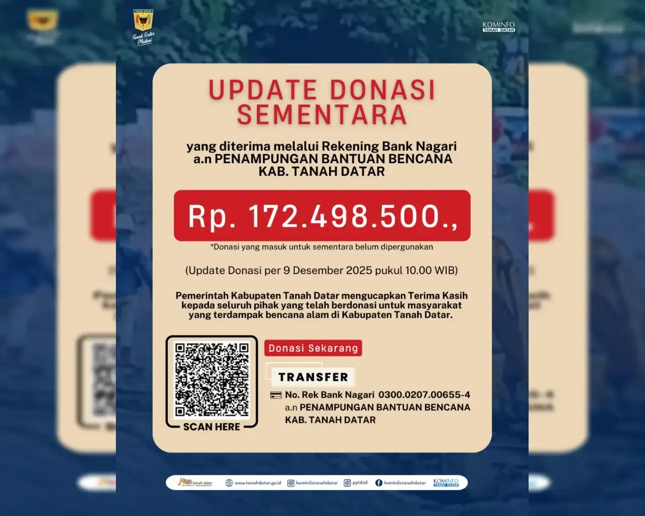 Pemerintah Kabupaten Tanah Datar mengumumkan pembukaan pos resmi donasi bagi masyarakat yang terdampak bencana alam di wilayah tersebut.
